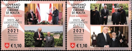 I due francobolli citano le visite dei capi di Stato giunti a Roma da Lettonia e Germania