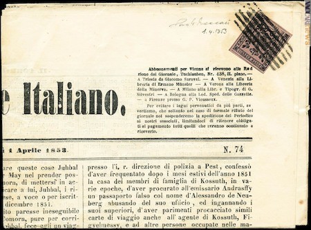 “Il corriere italiano”, stampato a Vienna e spedito a Modena, dove venne tassato come tutti i giornali in ingresso