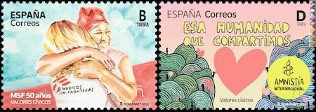 I due francobolli propongono immagini di altrettanti artisti: Montse Lapuyade e 72Kilos