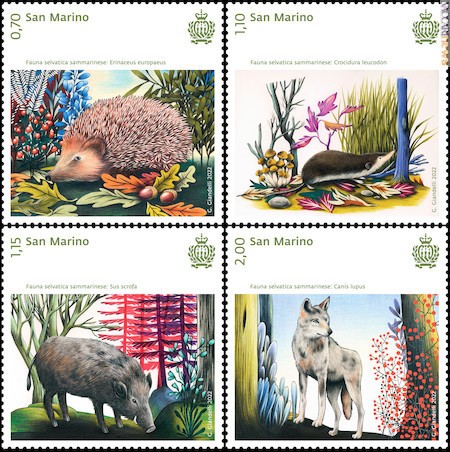 I francobolli propongono riccio, crocidura dal ventre bianco, cinghiale e lupo