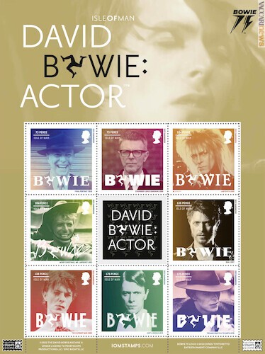 Man - La versione a foglietto della serie per David Bowie, con gli otto francobolli e una bandella centrale. Il terzo esemplare si inserisce nel giro PostEurop 2022, dedicato a miti e leggende