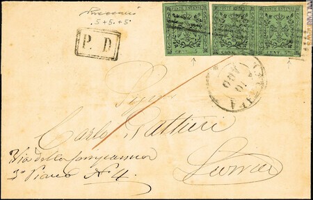 Dei tre francobolli presenti su questa lettera, il primo e l’ultimo mostrano errori tipografici