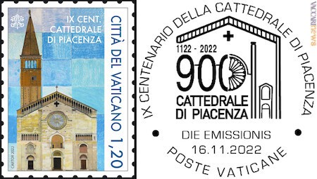 Nel francobollo la curiosa ricostruzione della facciata, nell’annullo il logo adottato dalla Diocesi