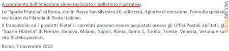 Nella documentazione di Poste italiane collegata al francobollo, la nota che ci sarebbe il bollettino illustrativo, ma così non è