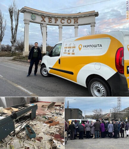 Il direttore generale di Ukrposhta, Igor Smilyansky, a Cherson e due scatti proveniente da Snihurivka (regione di Mykolaïv): una sede devastata e l’ufficio postale mobile