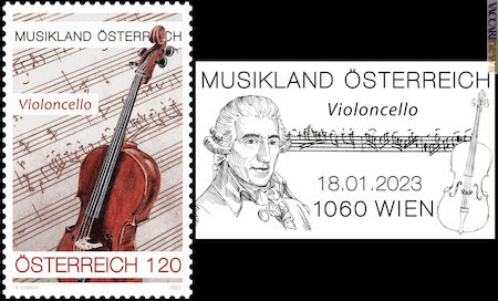 Il francobollo che cita il “Concerto per violoncello n°2 in re maggiore” e l’annullo, in cui compare l’autore, Joseph Haydn