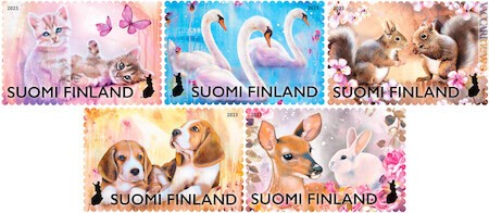 Cinque francobolli pensando agli auguri per la festa intitolata a san Valentino