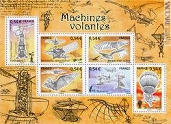 Dalla Francia omaggio a sei temerari delle macchine volanti di un secolo fa ma anche a Leonardo da Vinci, i cui progetti figurano sui bordi del foglietto