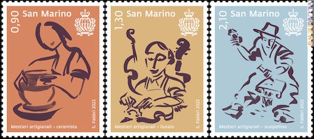 
I tre francobolli che compongono la serie “Mestieri artigianali”