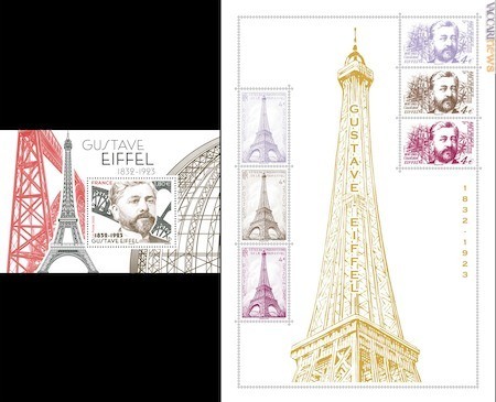 I due foglietti che celebrano Gustave Eiffel e la sua più nota realizzazione
