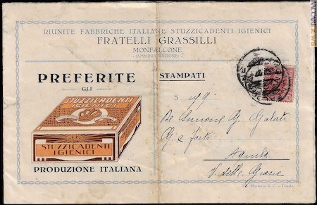 Protagonista di aprile, l’invio spedito dalla Fratelli Grassilli di Monfalcone (Gorizia); produceva stuzzicadenti “igienici”
