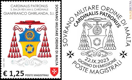 Nel francobollo e nell’annullo del primo giorno compare lo stemma del cardinale patrono Gianfranco Ghirlanda