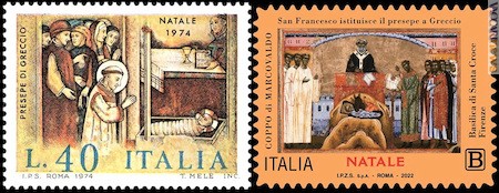 I due francobolli italiani emessi in passato per il presepio di Greccio (Rieti); risalgono al 26 novembre 1974 e al 7 dicembre 2022