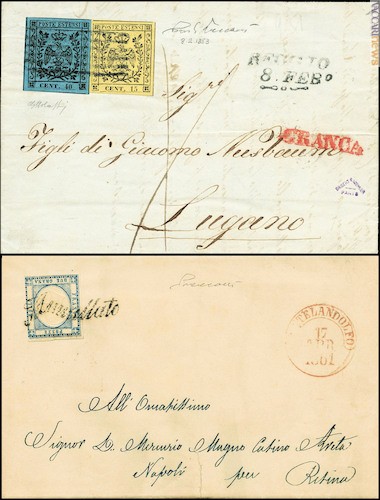 …e due lettere, una da Reggio Emilia a Lugano (61, 5.000) e l’altra da Pontelandolfo a Napoli (147, 2.000)