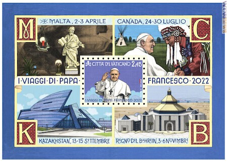 Il foglietto racconta i quattro viaggi all’estero compiuti nel 2022 da papa Francesco