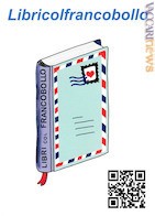 Una cartolina con il logo di “Libri col francobollo” disegnato da Umberto Rossi (@dragoblu70)