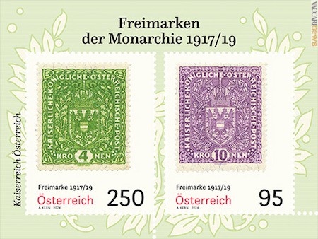 Il foglietto con due degli alti valori emessi dall’Austria tra il 1917 e il 1919