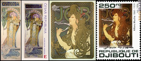 Le litografie “Gismonda” del 1894 e “Job” del 1896 (© Mucha trust 2023) associate ai due francobolli che le riprendono di Repubblica Ceca (emesso il 26 maggio 2010) e Gibuti (13 marzo 2020)
