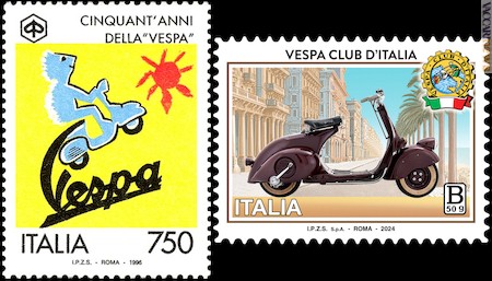 I due francobolli italiani che citano il mondo della Vespa: quello del 20 giugno 1996 e il nuovo