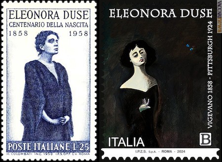 I due francobolli che celebrano l’attrice: quello dell’11 dicembre 1958 e l’odierno