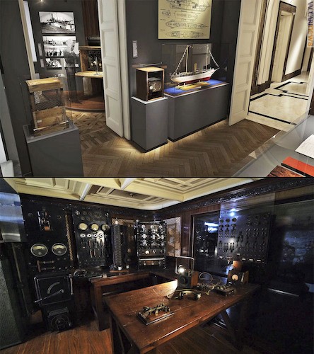 Due immagini riferite alla mostra dedicata a Guglielmo Marconi: l’ingresso e la sala comandi del panfilo “Elettra”