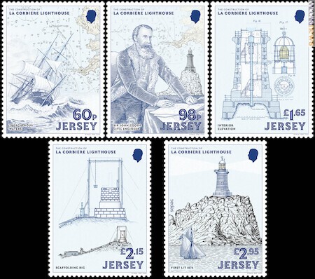 La Corbière - I cinque francobolli per la costruzione del faro; va aggiunto il foglietto