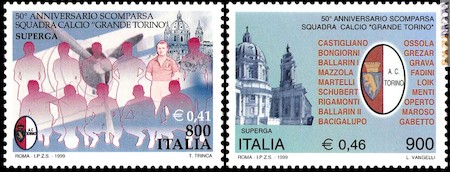 I due francobolli emessi a mezzo secolo dalla tragedia, il 4 maggio 1999