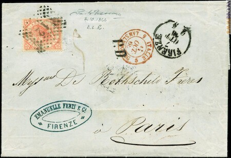 La lettera spedita da Firenze capitale a Parigi con il 2,00 lire scarlatto “De La Rue” isolato (è il lotto 686 e parte da 2.800 euro)