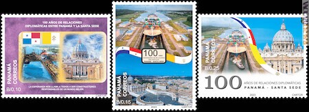 I tre francobolli che Panama ha dedicato ai rapporti diplomatici con la Santa Sede; si aggiunge il foglietto da 2,70 balboa: riprende le stesse immagini 