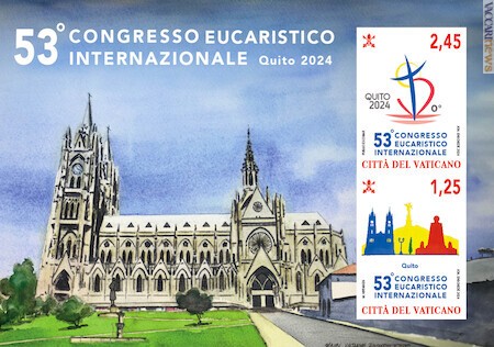 Il foglietto comprende due francobolli con il panorama di Quito (Ecuador) e, nel taglio più costoso, l’emblema dell’appuntamento