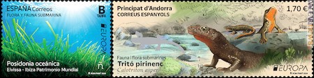 Le interpretazioni di Spagna e di Andorra Spagnola, con posidonia oceanica e tritone dei Pirenei