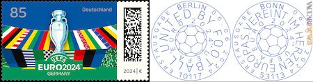 Il francobollo e i due annulli che si differenziano per i testi