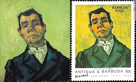 Il “Ritratto di uomo (ritratto di Joseph-Michel Ginoux)”, olio su tela di Vincent van Gogh del 1888 (© Kröller-Müller museum, Otterlo, Paesi Bassi), e la carta valore da 0,50 dollari locali emessa da Antigua e Barbuda il 13 maggio 1991