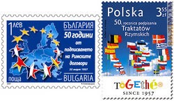 I due francobolli, di Bulgaria e Polonia, che ricordano i Trattati di Roma