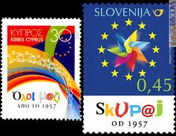Le proposte in arrivo da Cipro e Slovenia. Su entrambe, il logo dell’anniversario