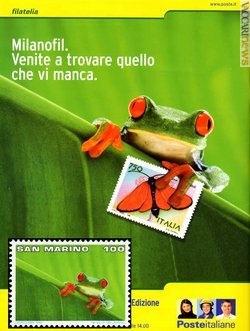 La pubblicità impiegata per «Milanofil» quest'anno, confrontata con il francobollo sammarinese del 1996