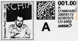 Una legale impronta di affrancatura riconosciuta dalle poste elvetiche: è il «webstamp», realizzato da Gianluigi Bellei per Giuseppe Pinelli