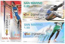 I tre francobolli messi in cantiere da San Marino per i Mondiali di atletica leggera