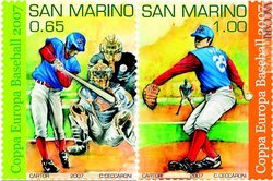 I due francobolli destinati a promuovere la Coppa Europa di baseball
