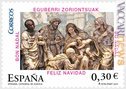 Uno dei due francobolli spagnoli; da notare gli auguri espressi nelle quattro lingue locali
