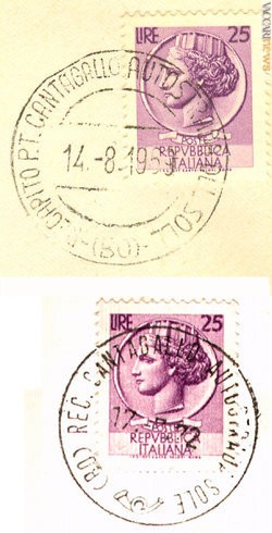 Gli annulli in uso al recapito di Cantagallo nel 1969 (in alto) e nel 1972
