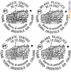 Gli annulli di Trieste e Milano a confronto: sopra quelli annunciati per il 30 ottobre, sotto quelli con data 10 dicembre
