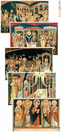 Le cinque cartoline vaticane attese il 20 novembre. Dall'alto in basso: la leggenda di sant'Alessio, san Clemente celebra la messa, la traslazione delle reliquie, il miracolo presso la tomba del santo, il giudizio