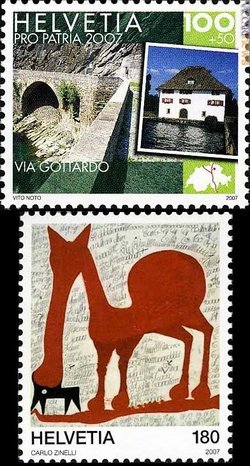 Due recenti francobolli elvetici che riguardano la cultura italiana: il primo è dedicato alla via del Gottardo, che raggiunge Como; il secondo riguarda l’«Art brut», e riprende il lavoro del veronese Carlo Zinelli
