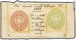 Il reperto con i due francobolli che compongono il Tricolore italiano, oggetto della vendita benefica