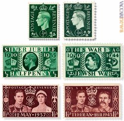 I francobolli britannici originali (a sinistra) e le produzioni falsificate al campo di concentramento di Oranienburg-Sachsenhausen