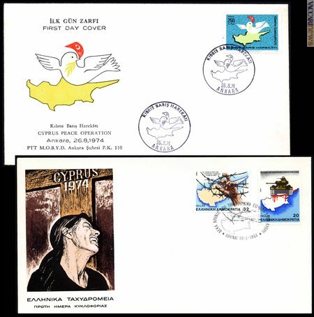 Sono tanti i francobolli che ricordano il dramma di Cipro; qui una fdc turca del 1974 che inneggia alla «operazione di pace »; sotto, una analoga busta greca, prodotta dieci anni dopo