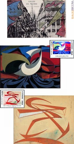 La cartolina diretta a Fortunato Depero e “interpretata” da Giacomo Balla; sotto, i due francobolli del 26 novembre 2003 confrontati con gli originali