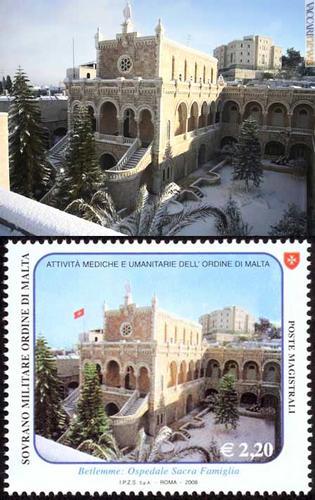 La struttura assistenziale di Betlemme sotto la neve: sopra la foto originale, sotto il francobollo
