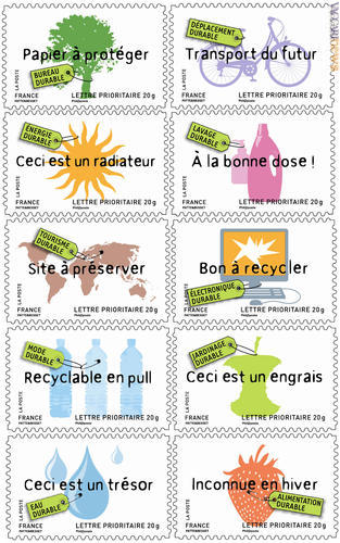 I dieci francobolli della serie: ognuno propone un tema ambientale differente